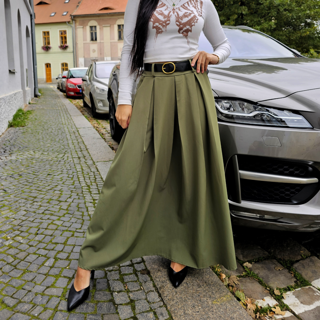 Dlouhá áčková sukně LANNY s páskem khaki1